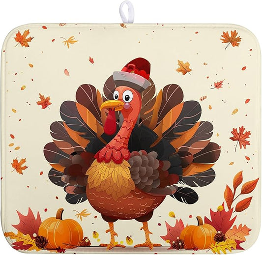 Thankgiving Dish Drying Mat for Kitchen Counter 16x18 Inch Fall Orange Turkey Maple Leaf Pumpkin Absorbent Microfiber Dish Rack Mat Autumn Thankgiving Dish Drying Pad for Coffee Bar Sink
