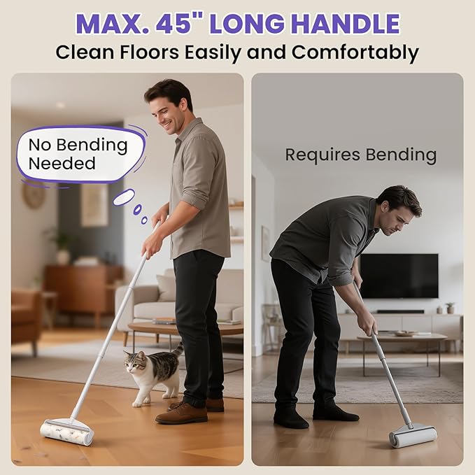Two Large Lint Roller Set for Pet Hair: DELOMO 9.45” Extra-Wide Sticky Rollers - Long Handle for Floors & Carpets and Short Handle for Couches & Furniture - 360 Sheets Total - for Multi-Pet Homes