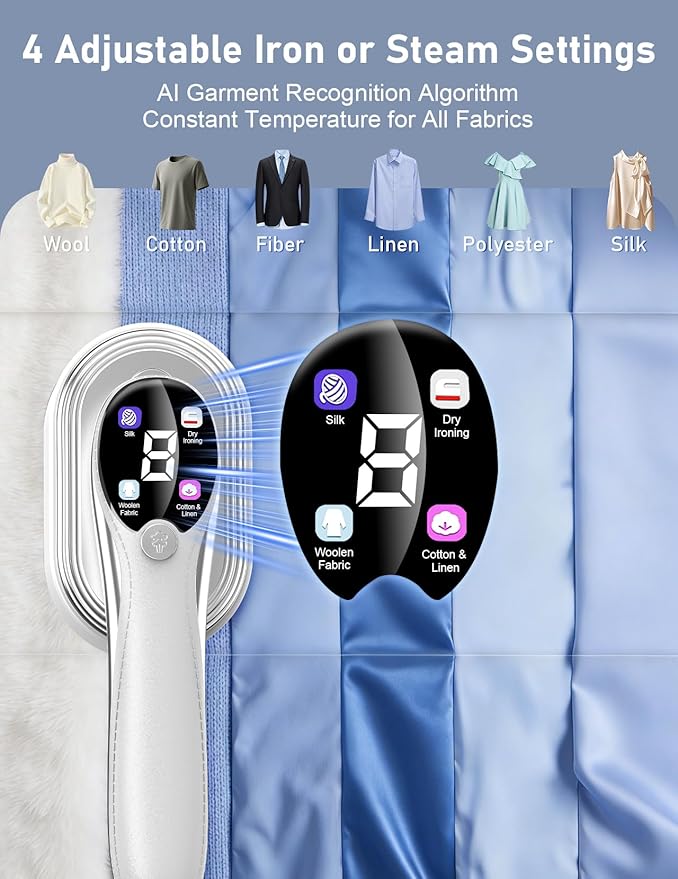 Travel Steamer for Clothes, 1200W Portable Handheld Steamer for Clothes, Portable Steam with LCD Display, 10s Fast Heat-Up, 2-in-1 Powerful Wrinkle Remover for Home & Travel (White)