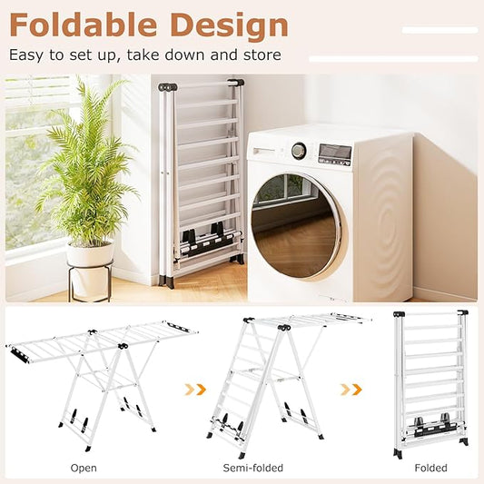 Giantex Clothes Drying Rack, Foldable Metal Laundry Drying Rack with Height Adjustable Wings, 16 Drying Rails, Sock Clips & Shoe Racks, Freestanding Clothing Stand for Indoor & Outdoor, White