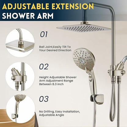 Ryamen Dual Shower Head Combo, Brushed Nickel 8'' High Pressure Rain/Rainfall Shower Head, 6 Settings Adjustable Handheld Showers, with 15" Height Adjustable Slide Bar, Holder/59’‘ Hose