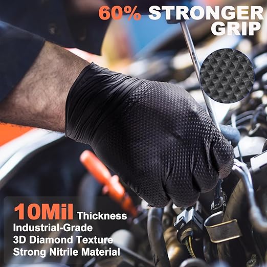10mil Nitrile-Gloves Disposable-Black Chemical-Resistant Rubber - Mechanic Gloves Heavy Duty, Latex Free, Diamond Grip (500, Large)