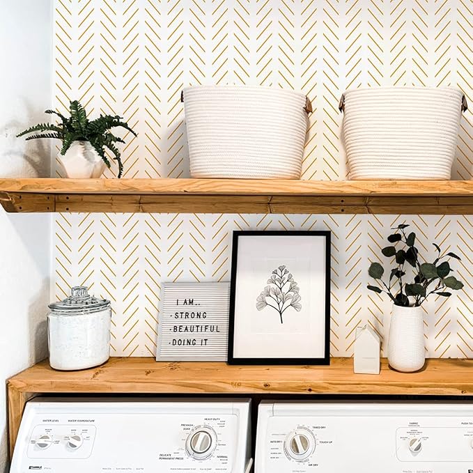 Erfoni Yellow and White Peel and Stick Wallpaper Modern Herringbone Wallpaper Bathroom 17.7inch x 393.7inch Geometric Removable Contact Paper Peel and Stick Self Adhesive Cabinet Wall Paper Waterproof