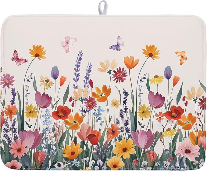 Kawani Spring Summer Flowers Dish Drying Mat for Kitchen Counter 18"x24" Colorful Floral Drying Mat Soft Absorbent Microfiber Farmhouse Fluttering Butterfly Dish Drainer Rack Mats for Counter tops