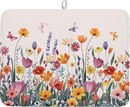 Kawani Spring Summer Flowers Dish Drying Mat for Kitchen Counter 18"x24" Colorful Floral Drying Mat Soft Absorbent Microfiber Farmhouse Fluttering Butterfly Dish Drainer Rack Mats for Counter tops