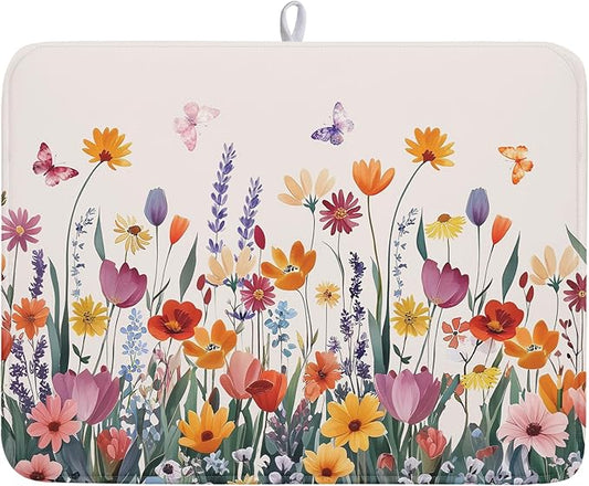 Kawani Spring Summer Flowers Dish Drying Mat for Kitchen Counter 18"x24" Colorful Floral Drying Mat Soft Absorbent Microfiber Farmhouse Fluttering Butterfly Dish Drainer Rack Mats for Counter tops