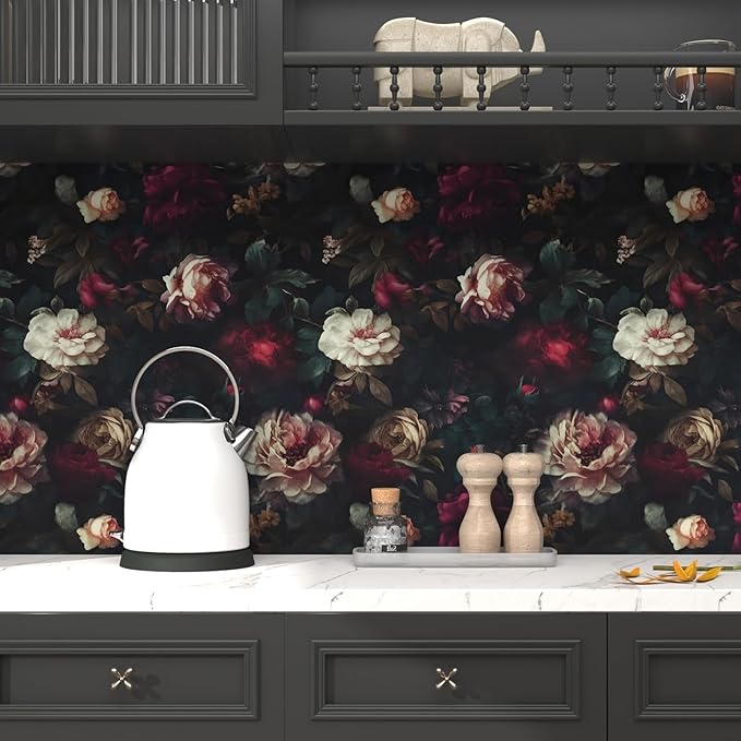Fvlow Dark Black Floral Peel and Stick Wallpaper 17.4" x 394" Vintage Romantic Contact Paper Waterproof Self Adhesive Gothic Witchy Covering for Bedroom Cabinet Bathroom Abstract Art Home Decor Maroon