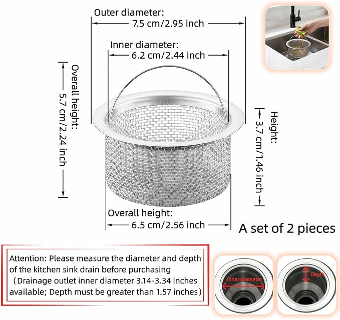3" Kitchen Sink Strainer, 2-Pack Fine Mesh Basket - Catches Food Waste, Hair & Prevents Clogs, Rust-Proof Stainless Steel, Fits Standard Drain