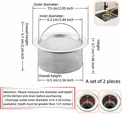 3" Kitchen Sink Strainer, 2-Pack Fine Mesh Basket - Catches Food Waste, Hair & Prevents Clogs, Rust-Proof Stainless Steel, Fits Standard Drain