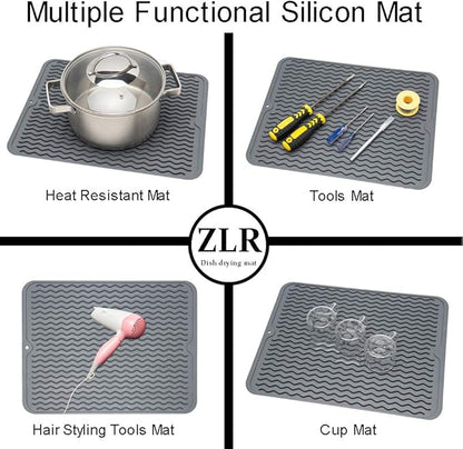 ZLR 2 Pcs Silicone Dish Drying Mat & Heat Resistant Trivet (12" x 16") - Waterproof Counter Protector for Coffee Maker - Non-Slip, BPA Free Kitchen Pad, Easy Clean Dishwasher Safe (Dark Gray)