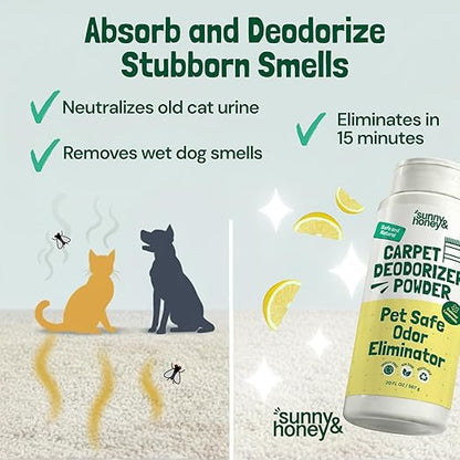 Sunny & Honey Carpet Deodorizer Powder - Pet Safe Freshener for Carpets, Pet Beds and Car Seats - Lemon Odor Eliminator for Cat Urine and Wet Dog Smells (20 oz)