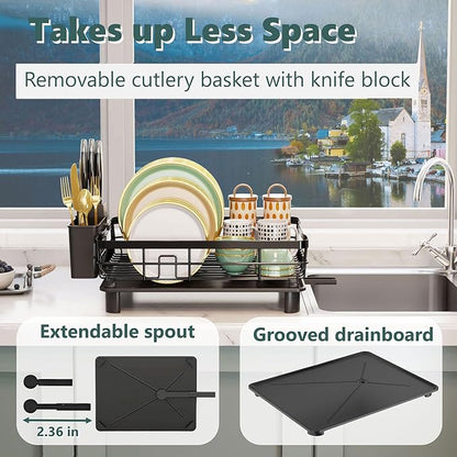 AIDERLY Iron Dish Drying Rack with Drainboard Dish Drainers for Kitchen Counter Extendable Spout Strainers with Utensil Holder and Knife Slots, Black