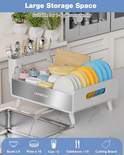 Dish Drying Rack, Thicker Premium Aluminum Frame and 304 Stainless Steel Plate Rack for Kitchen Counter, Automatic Drainage Spout, Dish Drainer & Drainboard Set with Utensil Holder, White