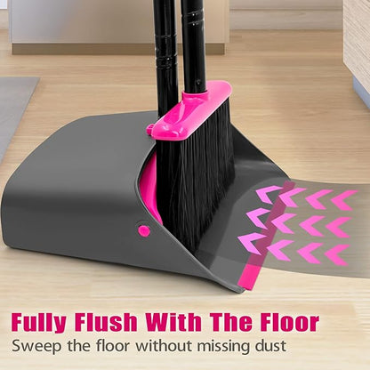 JEHONN Broom with Dustpan Combo Set, Long Handle Lightweight Indoor Broom Set, Upright Standing Dust Pan with Comb Teeth Store Sweep Set for Home Room Kitchen Office Lobby (Rose Red)