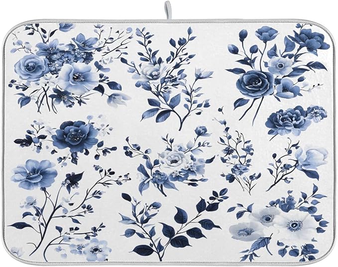 Blue White Porcelain Flower Dish Drying Mat for Kitchen Counter Absorbent Microfiber Drying Pad, Large 18x24 in