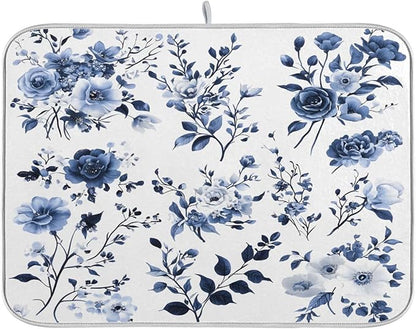 Blue White Porcelain Flower Dish Drying Mat for Kitchen Counter Absorbent Microfiber Drying Pad, Large 18x24 in