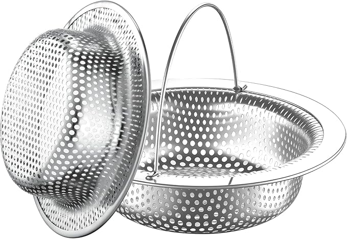2 Pack 4.5 Inch Kitchen Sink Drain Strainer with Handle, Rustproof Stainless Steel Food Catcher, Prevents Clogged Pipes, Micro-Perforated Drain Filter for Home, Apartment and Tiny House