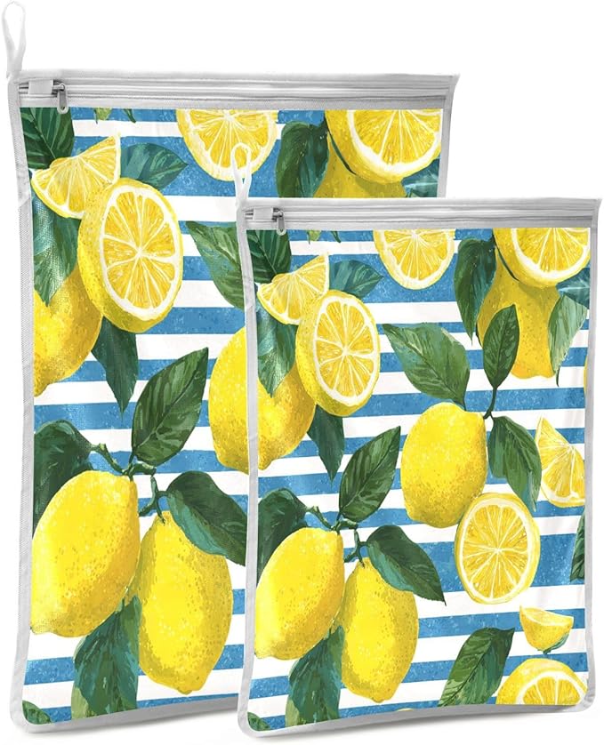 Mesh Laundry Bags Lingerie Bags for Washing Delicates 2 PCS Durable Wash Bag with Zipper Small and Medium Washable Blue Striped Summer Lemons