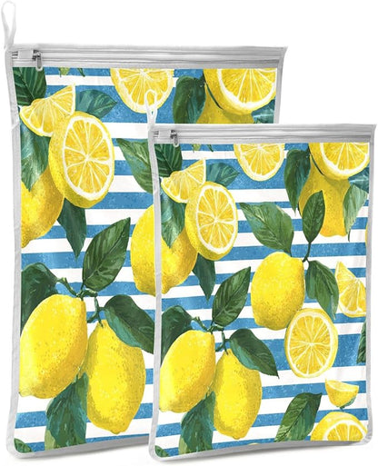 Mesh Laundry Bags Lingerie Bags for Washing Delicates 2 PCS Durable Wash Bag with Zipper Small and Medium Washable Blue Striped Summer Lemons