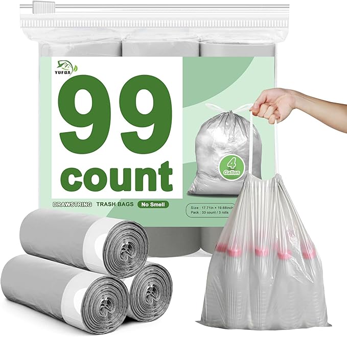 99 Count-Small Trash Bags,4 Gallon Trash Bag Drawstring, Gray White Bathroom Garbage Bags,Tear-Free Garbage Bags,Plastic Wastebasket Liners for Toilet Home Office and Bedroom