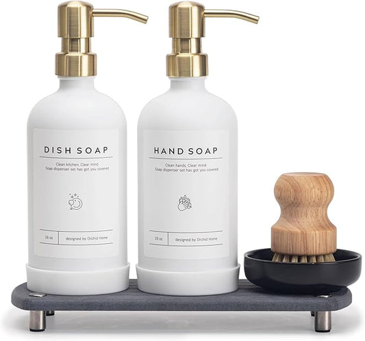 [Luxury] Kitchen Soap Dispenser Set - 16OZ White Glass Bottle, Stainless Steel Pump, Instant Dry Tray, Waterproof Labels, Non-Slip Silicone Pad, and Dish Brush | Upgrade for Your Kitchen and Bathroom