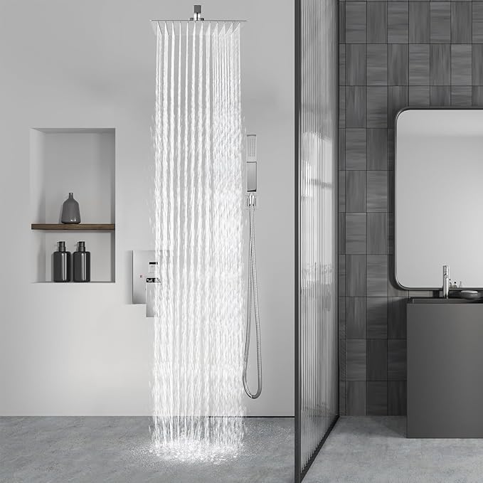Aolemi Shower Faucet Set Rain Shower System with Handheld Spray Bathroom Shower Combo Rough-in Valve and Shower Trim Kit Included Polish Chrome 12 Inch Wall Mount Shower Head