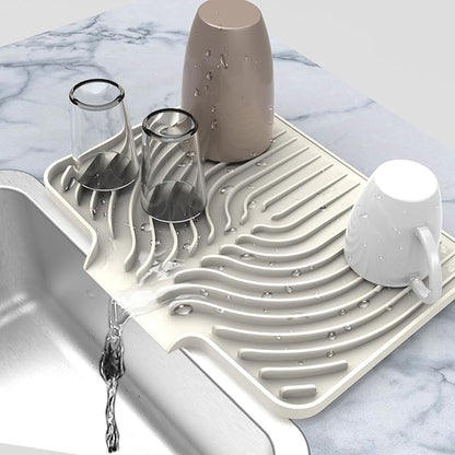 Silicone Drying Mat for Kitchen Counter , Dish Drying Rack Matt with Built in Drain, Small Dry Mats for Dishes Drying Pad for Kitchen Counter (14.6×11inch, cream)