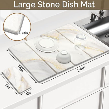 Large Stone Dish Drying Mat for Kitchen Counter, 2 PCS Quick Dry Stone Mats, Foldable Water Absorbing Diatomaceous Earth Drying Dishes Pad for Countertop Bottle Utensil Cup(Yellow White 24"x16"&8"x4")