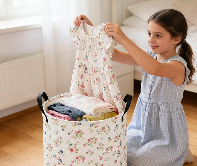 Kids Laundry Basket Flower Hamper for Nursery Animal Hamper Cute Kids Storage Bin Room Decor for Home(Flower)