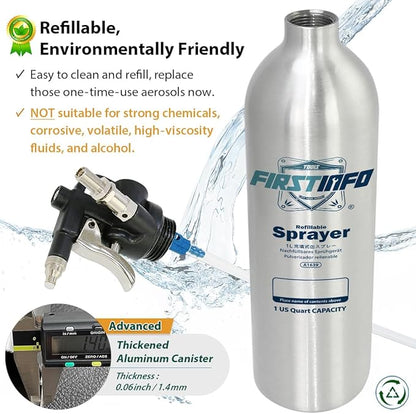 FIRSTINFO A1639 (3rd Gen) Patented Max. Pressure 140psi / 1000ml Thickened Aluminum Canister Refillable Aerosol Spray Can | Pneumatic Compressed Air Sprayer | Wide Mist & JET Spray
