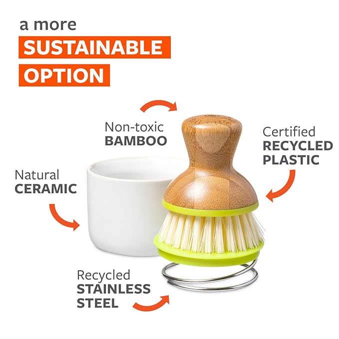 Full Circle Bubble Up Bamboo Dish Brush & Ceramic Soap Dispenser – Family Safe, Formaldehyde-Free – Kitchen Scrub Brush for Dishes, Nonstick & Cast Iron, White