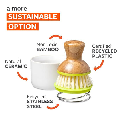 Full Circle Bubble Up Bamboo Dish Brush & Ceramic Soap Dispenser – Family Safe, Formaldehyde-Free – Kitchen Scrub Brush for Dishes, Nonstick & Cast Iron, White