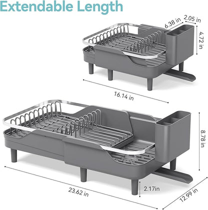 Urackify Expandable Dish Rack for Kitchen Counter, 16.14"-23.62" Large Stainless Steel Dish Drying Rack with Adjustable Water Spout, Space Saving Dish Drainer with Auto Draining Cutlery Holder,Grey