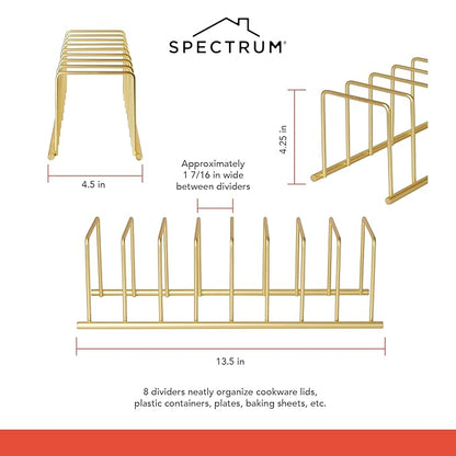 Spectrum Euro Kitchen Organizer Metal Dish Rack Cutting Board Holder Stand for Countertop or Inside Cabinet Organization, 8 Slot Cutting Board Plate Drying Rack for Bakeware Storage, Gold