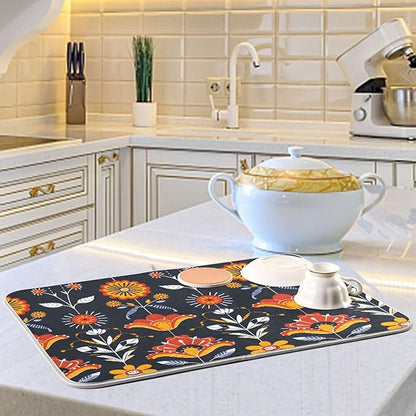 Floral Pattern Traditional Folk Art Dish Drying Mat for Kitchen Counter Absorbent Microfiber Drying Pad, Medium 16x18 in, Reversible Drainer Mats