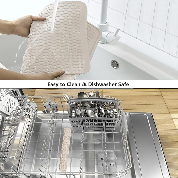 ZLR Silicone Dish Drying Mat 12" x 12" Square - Small Heat Resistant Trivet & Countertop Protector for Air Fryer, Coffee Maker - Waterproof Kitchen Drain Pad for Cups, Fruit (Cassava White)