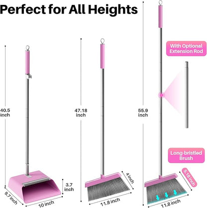 JOYMOOP Pink Broom and Dustpan Set with 56” Handle, Upright Angle with Built-in Comb Teeth for Hardwood Floors and Pet Hair