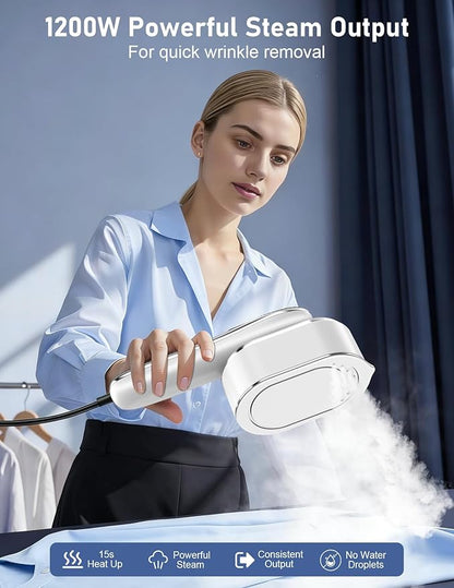 Travel Steamer for Clothes, 1200W Portable Handheld Steamer for Clothes, Portable Steam with LCD Display, 10s Fast Heat-Up, 2-in-1 Powerful Wrinkle Remover for Home & Travel (White)