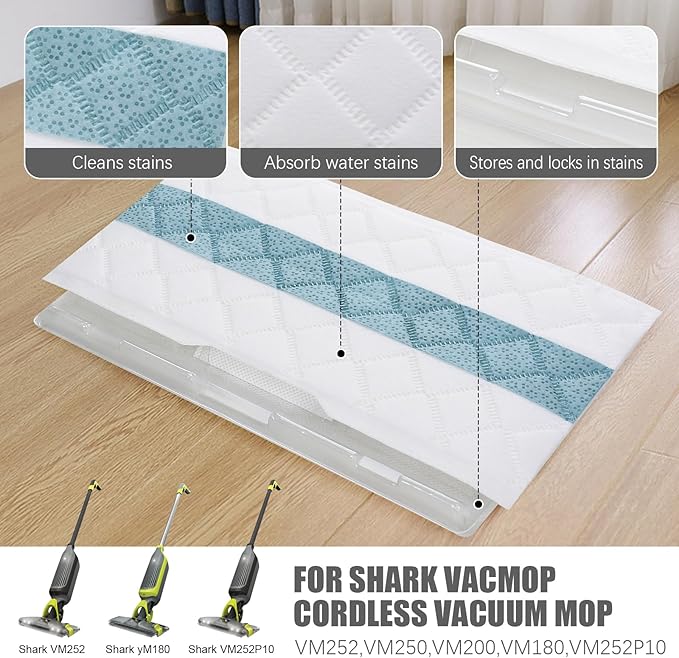 Disposable Mop Pad Refills compatible with Shark VACMOP Pro, 10 Pack, for VM252, VM200, VM190, VM250, VM251, VM200C, VM252C, QM250, VC205