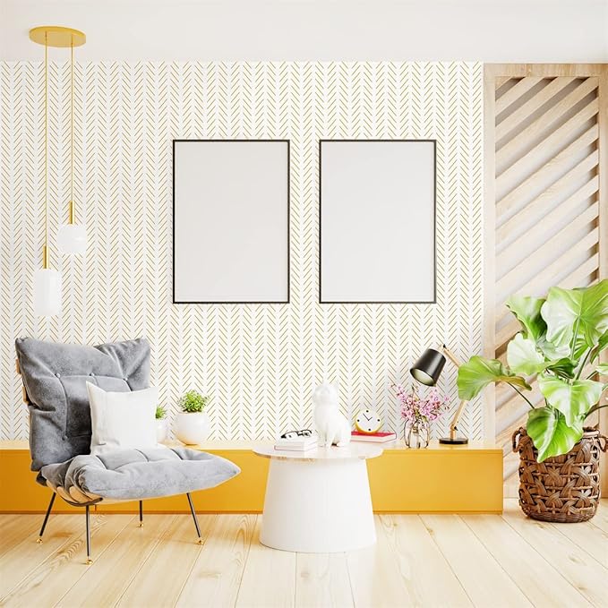 Orainege Yellow and White Peel and Stick Wallpaper Yellow Contact Paper 17.7 in x393.7 in Herringbone Geometric Wall Paper Peel and Stick Modern Lines Decorative Self Adhesive Wallpaper for Bedroom