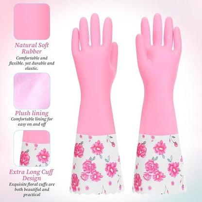 2 Pairs Rubber Cleaning Gloves Household Kitchen Dishwashing Gloves Long Cuff Glove with Cotton Flocked Liner Reusable Waterproof Non-Slip Household Glove for Bathroom Laundry Gardening Gift for Mom