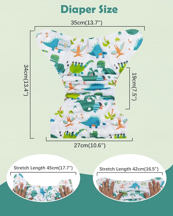 babygoal Dinosaur Cloth Diapers Pack of 13, Baby Reusable Washable Pocket Nappy, 6pcs Diapers+6pcs Rayon from Bamboo Inserts+Wet Bag