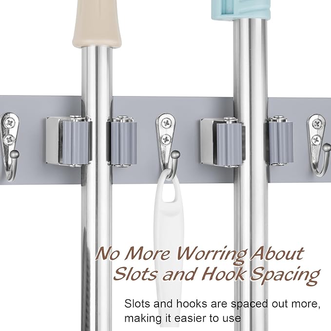 OUTNILI Gray Mop Broom Holder Wall Mount with 4 Slots & 4 Hooks - Wood Broom Mop Hanger for Pantry Closet Laundry Room Organization - Heavy Duty Garden Tool Organizer