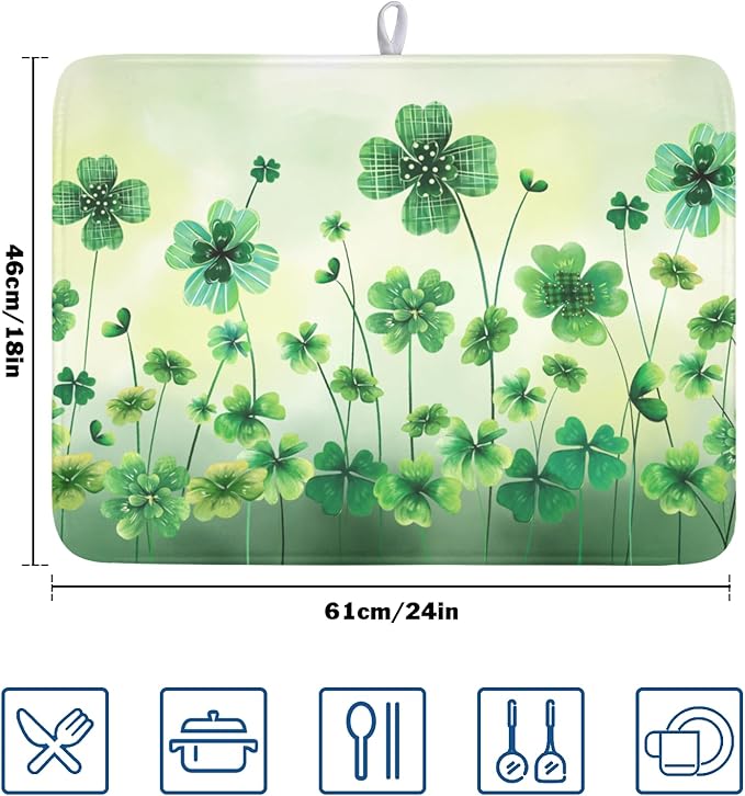 St Patrick's Day Dish Drying Mat for Kitchen Counter Green Lucky Shamrock Pattern Drying Mat 18x24 Inch Spring Holiday Absorbent Dish Drainer Mat Kitchen Accessories