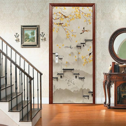 A.Monamour 3D Door Stickers for Interior Doors Flowers Birds Trees and Buildings in Ink Chinese Style Vinyl Waterproof Self Adhesive Door Mural Decals for Bedroom Office Bathroom 95x215cm