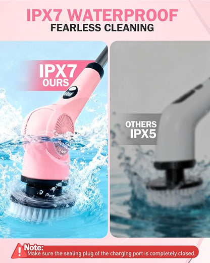 Electric Spin Scrubber, 3-Speed Cordless Shower Scrubber with 90° Adjustable & 10 Replaceable Brush Heads, 90 Mins Runtime & Full-Body IPX7 Waterproof Shower Cleaner Brush with Long Handle