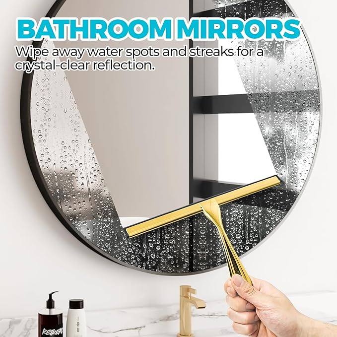 9.8-Inch Golden All-Purpose Shower Squeegee for Shower Doors, Tile Shower Walls, Bathroom, Window, Glass and Car Windshield, Mirrors and Kitchen-Stainless Steel