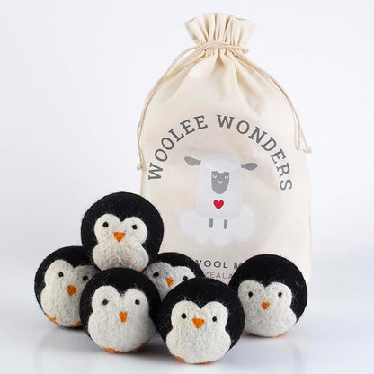 6-Pack XL Organic Wool Dryer Balls - 100% New Zealand Wool, Reuse for 1000 Loads, Fair Trade, Handmade in Nepal, Dryer Balls Laundry Reusable, Penguins Dryer Ball Set, Mesh Laundry Bag
