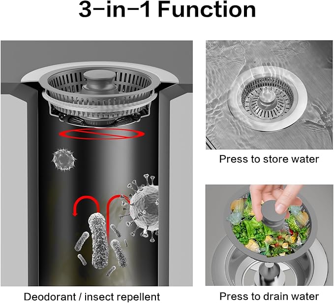 Kitchen Sink Drain Strainer,3 in 1 Pop Up Strainer Stopper,Stainless Steel Anti-Clogging Sink Drain Strainer,Suitable for US Standard 3-1/2 Inch Kitchen Sink Drain Strainer