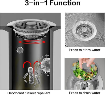 Kitchen Sink Drain Strainer,3 in 1 Pop Up Strainer Stopper,Stainless Steel Anti-Clogging Sink Drain Strainer,Suitable for US Standard 3-1/2 Inch Kitchen Sink Drain Strainer
